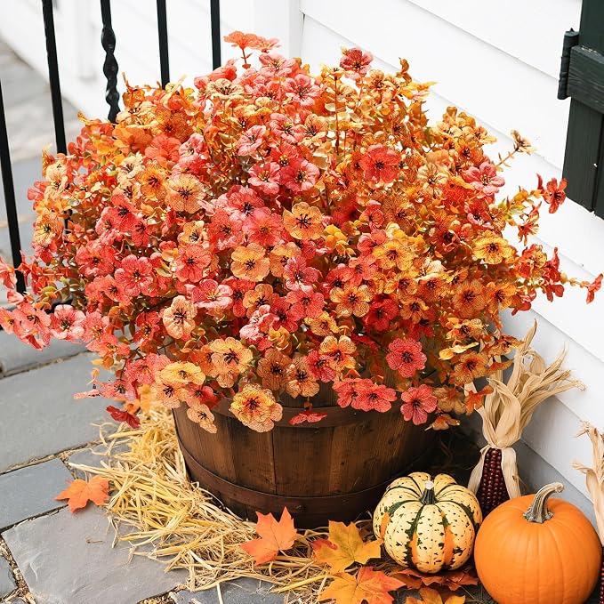 florisso Artificial Fall Flowers Fake Mums for Outdoor Autumn Decor | 12 Bundles Faux Silk Orange Yellow Mums Daisy + 1 Pc Reddish‑Brown Straw, UV Resistant for Outside Home Porch Patio Planter