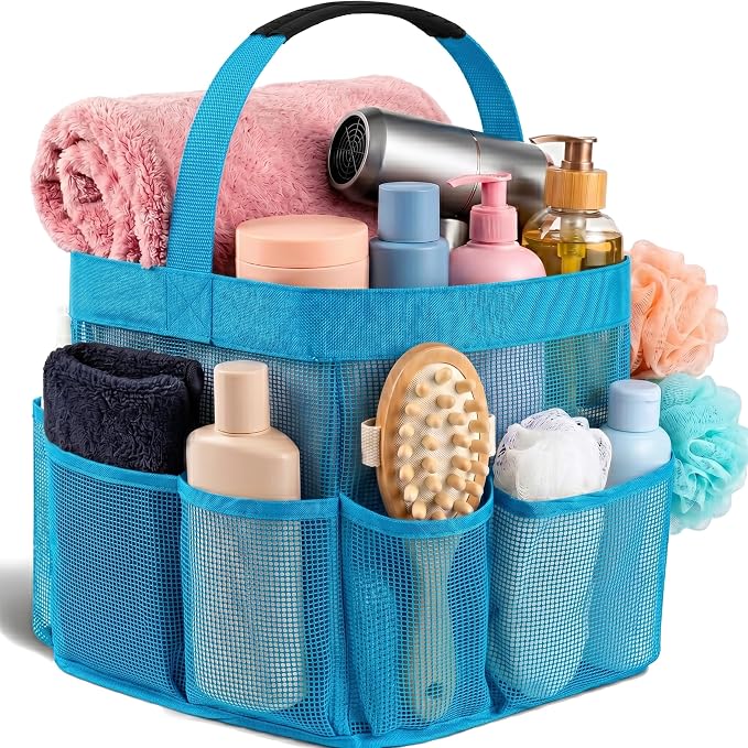 Masirs Mesh Shower Caddy – 9 Pocket Portable Shower Tote Bag for College Dorm Room Essentials, Quick-Dry Bathroom Organizer for Travel, Gym, Camping, Beach – Lightweight Collapsible Blue