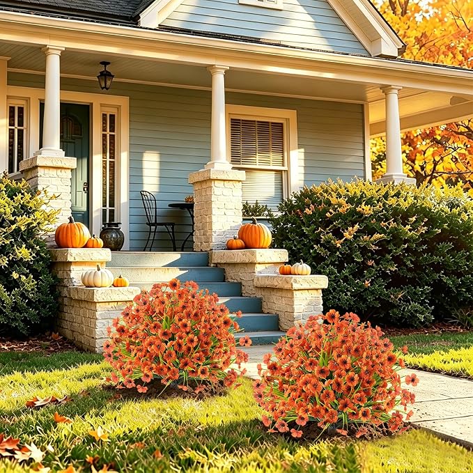 2Pcs Fall Artificial Flowers for Outdoors UV Resistant Topiary | Fake Flowers with Ground Spike, Faux Outdoor Plants, Artificial Shrubs, Fake Bushes for Autumn Front Porch Home Garden Decor