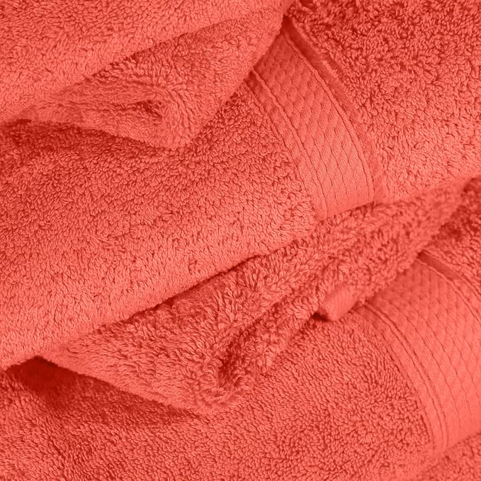 SUPERIOR Egyptian Cotton Ultra Plush & Absorbent, 12 Piece Set, Coral | Heavyweight 12 Pc Egyptian Cotton Towel Set Includes 4 Bath Towels 4 Hand Towels 4 Washcloths Decorative Rope Border