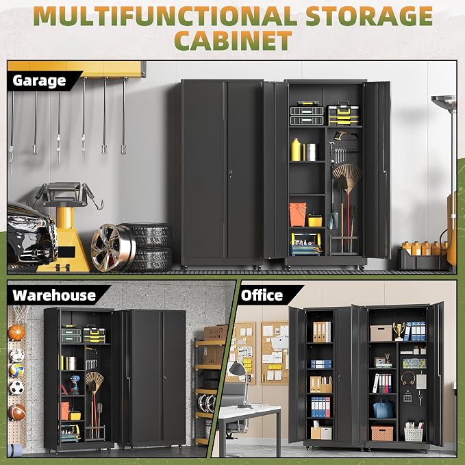 71''H Metal Garage Storage Cabinet with Wheels, Broom Cabinet with Lock | Rolling Tool Storage Cabinet, Steel Tool Cabinet with 2 Doors and Shelves for Garage, Warehouse, Assembly Required, Black