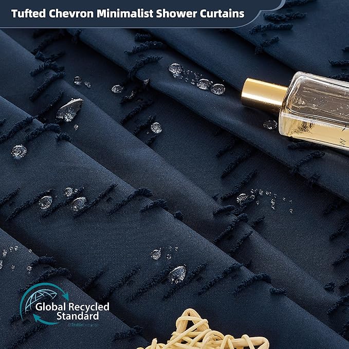 Siiluminisoy Navy Blue Shower Curtain Fabric Boho Shower Curtain Cloth Textured Tufted Chevron Elegant Shower Curtains Waterproof for Bathroom 72 x 72