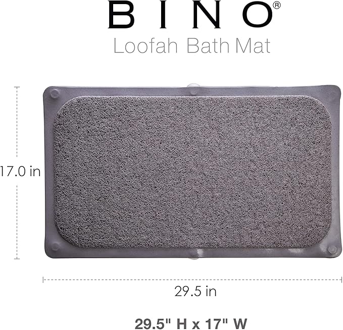 BINO | Loofah Non-Slip Bath Mat for Tub - Grey | Spa-Inspired Comfort, Quick-Drying, Secure Suction Cups | Exfoliating Shower Mat for a Luxurious and Safe Bathing Experience