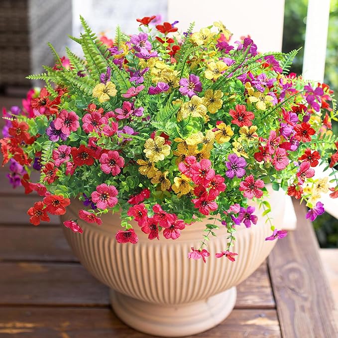 Artificial Faux Outdoor Flowers Plants for Summer Outside Decoration, 14 Bundles Fake Silk Colorful Daisy Ferns UV Resistant Realistic for Front Door Porch Planter Patio Yard