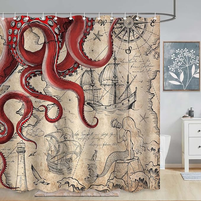 Fungarth Vintage Red Nautical Octopus Shower Curtain Mermaid Funny Ocean Kraken Shower Curtains for Bathroom Cool Anchor Coastal Map Waterproof Fabric Bath Curtain Decor with Hooks (Retro1, 72” x 72”)