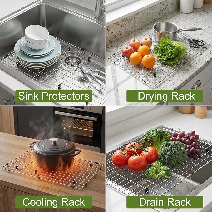 LQS Kitchen Sinks Grid, Sink Protectors for Kitchen Sinks 28 3/8" x 15 3/8" with Rear Drain Hole for Single Sink Bowl, Stainless Steel Sinks Grate, Sink Protector, Sinks Bottom Grid