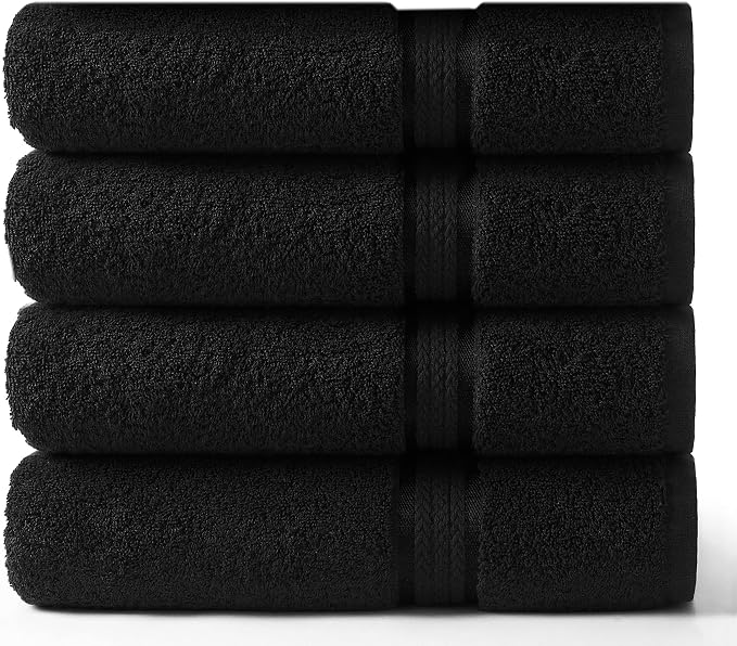 COTTON CRAFT Ultra Soft Bath Towels - 4 Pack 100% Cotton Large 30x54 inches | Oversized 580 GSM Absorbent Black Bath Towel with Luxurious Rayon Border - Ideal for Everyday use - Easy Care Machine Wash