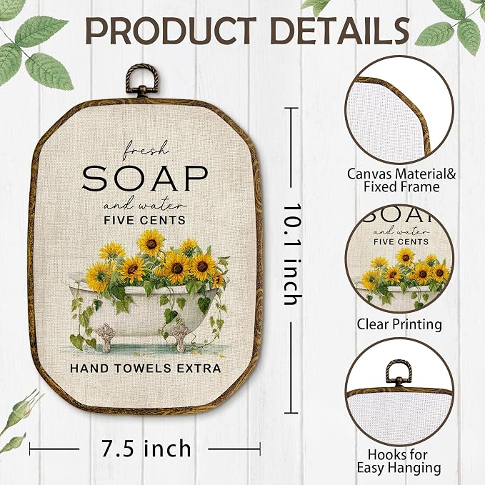 Yjeslw Vintage Sunflower Bathroom Octagon Wall Art Decor, Rustic Farmhouse Framed Canvas Prints, Cottagecore Neutral Flower Bathtub Wall Hanging Decorations for Bathroom Washroom Decor, 10.2x7 Inches