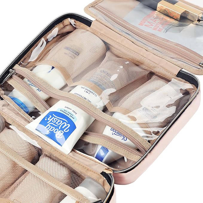 NISHEL Travel Toiletry Bag for women, Portable Hanging makeup Organizer | for Travel-Sized Shampoo, Conditioner, Brushes Set, makeup Accessories, Medium Size, Pink