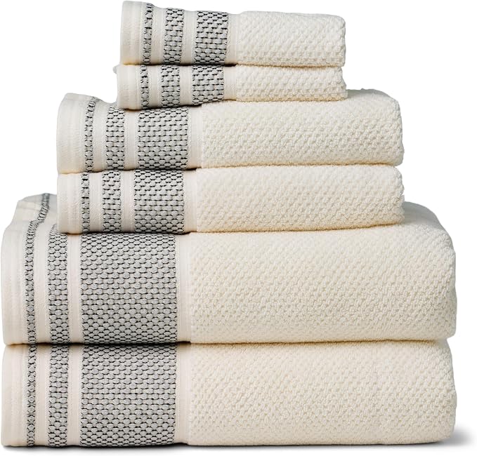 Texere 100% Organic Cotton Rice Weave Jacquard 700 GSM Luxury Bath Towel Set - 2 Large Bath Towels, 2 Hand Towels, 2 Washcloths (Rice Weave, Cream w/Blk, 6 Piece)