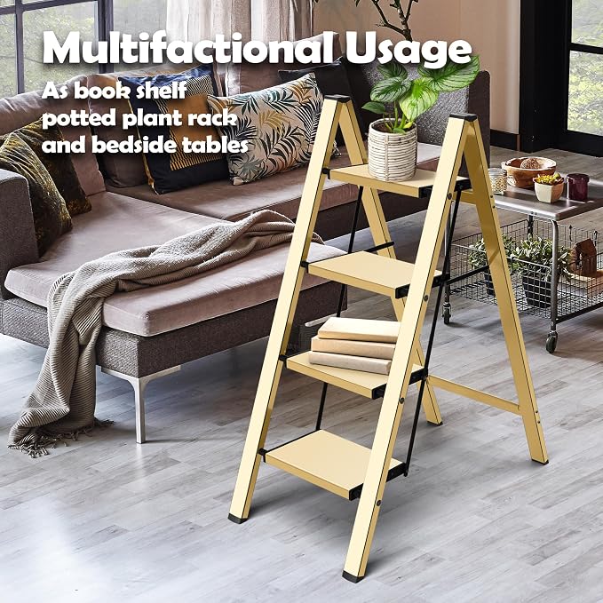 Taranta 4 Step Stool Foldable,Aluminum Step Ladder-Gold | Lightweight,Wide Anti-Slip Pedals,Folding Step Stool,330lbs Capacity Stepladder for Household,Kitchen,Office