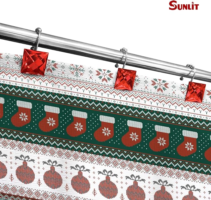 Sunlit Luxury Design Square Red Diamond Crystal Gem Bling with Glide Balls Shower Curtain Hooks, Rust Proof Metal Rhinestones Glam Shower Curtain Rings-12 Pack