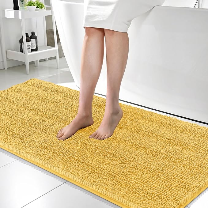 OLANLY Thick Bathroom Runner Rugs 59x24, Chenille Long Bath Rugs, Yellow | Soft Absorbent Striped, Rubber Backing, Machine Wash, Bath Mats for Bathroom Floor, Tub and Shower, Home Decor Accessories