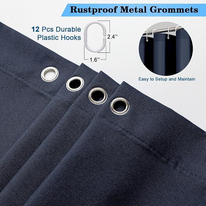 Zora 84 Inch Shower Curtain Set with 12 Plastic Hooks, Plain Fabric Shower Curtain for Bathroom - Extra Long Shower Curtain, Water Resistance, Machine Washable Soft Cloth, 72WX84L, Navy Blue