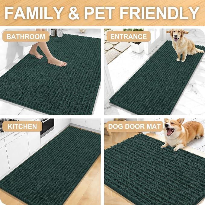OLANLY Bathroom Rugs 30x20, Thick Soft Absorbent Chenille Bath Rugs | Blackish Green, Shaggy Bath Mat with Quick-Drying Rubber Backing, Washable for Floor, Tub and Shower, Home Decor Accessories