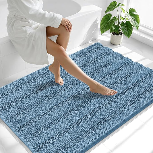 Smiry Thick Chenille Large Bathroom Runner Rugs 44x32, Bath Mat, Airy Blue | Quick‑Dry & Machine Washable, Non‑Slip Bath Carpet, Soft Striped Bath Rugs for Tub & Shower, Modern Home Decor Accessories