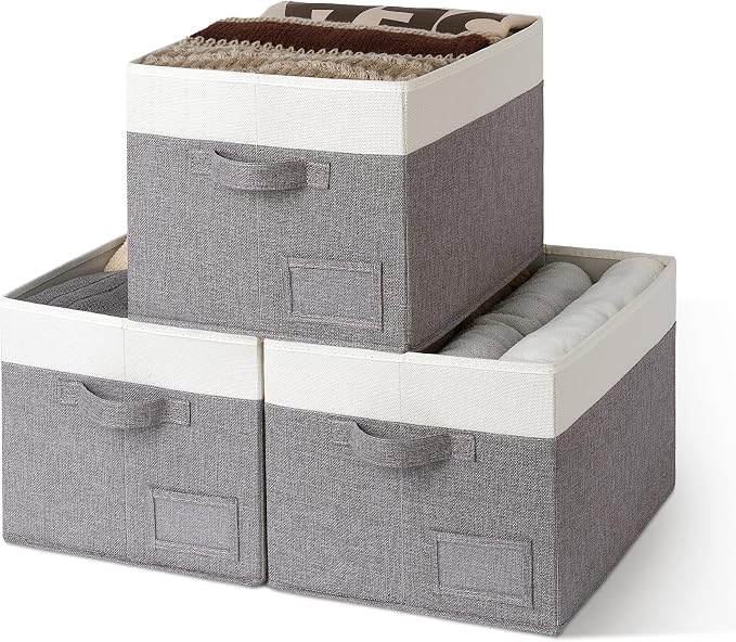 GRANNY SAYS Closet Storage Bins with Label, Gray&White, Large, 3-Pack | Fabric Storage Bins for Clothes, Closet Organization Bins, Collapsible Storage Bins with Handles, Decorative Storage Box