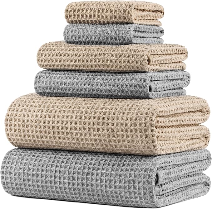 POLYTE 430 GSM Poly Blend Microfiber Quick Dry Waffle Bath Towel Set of 6 | 2-Body Towels, 2-Hand Towels, 2-Wash cloths, Oversize, Lint Free