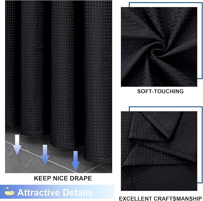 Stall Fabric Shower Curtain Set - 36x72, Waffle Weave 230GSM Heavy Duty Small Stall Shower Curtains for Narrow Stall Size, Machine Washable Bath Curtain with 12 Plastic Hooks, 36x72 Inch, Black
