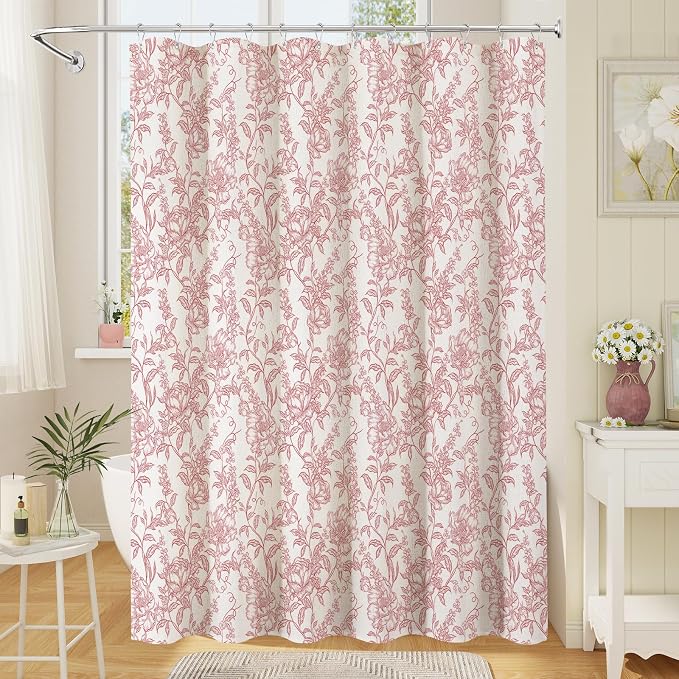 Pink Boho Linen Shower Curtain, Farmhouse Floral for Bathroom | Botanical floral print. Rustic farmhouse boho decor. Durable linen blend fabric. Machine washable for easy care. 72x84