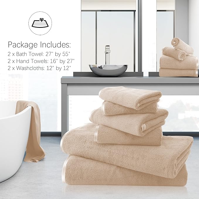 TENSTARS Luxury Silk Hemming Towel Set - Light Thin Quick Drying - 2 Bath Towels 2 Hand Towels 2 Washcloths - Ultra Soft Microfiber Towel for Bath Fitness, Sports, Yoga, Travel (Brown 6 Pieces)