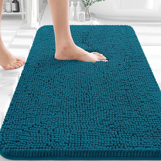 OLANLY Bathroom Rugs 30x20, Extra Soft Absorbent Chenille Bath Rugs | Peacock Blue, Quick-Drying Rubber Backing, Washable Bath Mat for Bathroom Floor, Tub and Shower, Home Decor Accessories