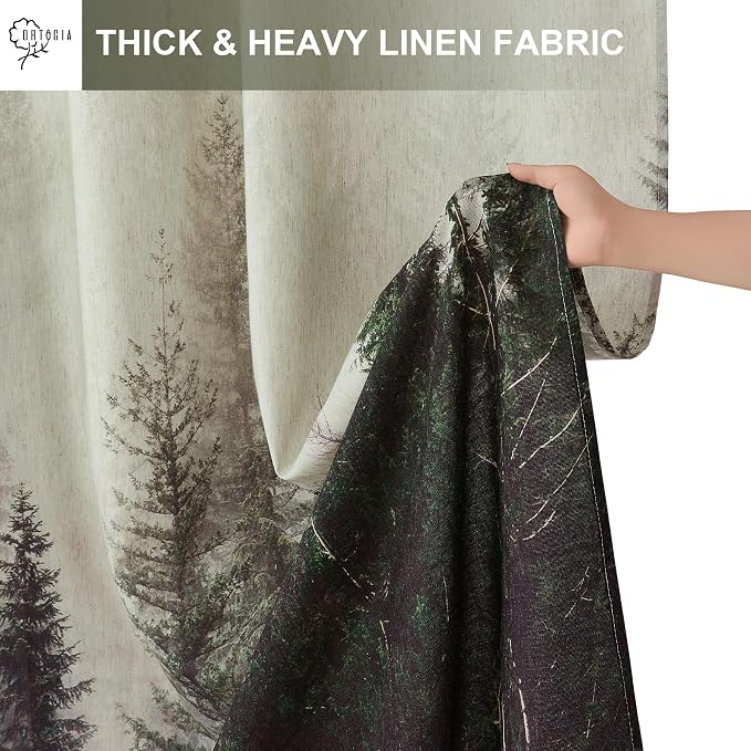 ORTIGIA Green Misty Forest Linen Shower Curtain Nature Mountain Tree Woodland Shower Curtain Set for Bathroom Heavy Blend Fabric Curtains with 10 Metal Hooks 60x72 Inch