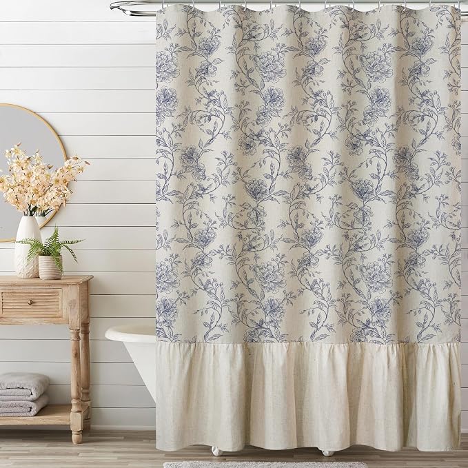 MUGINYU Blue Floral Toile Shower Curtain with Ruffle Trim - Vintage French Country Bathroom Decor with Linen Texture, Cottagecore Aesthetic Pattern, 72x72 Inches