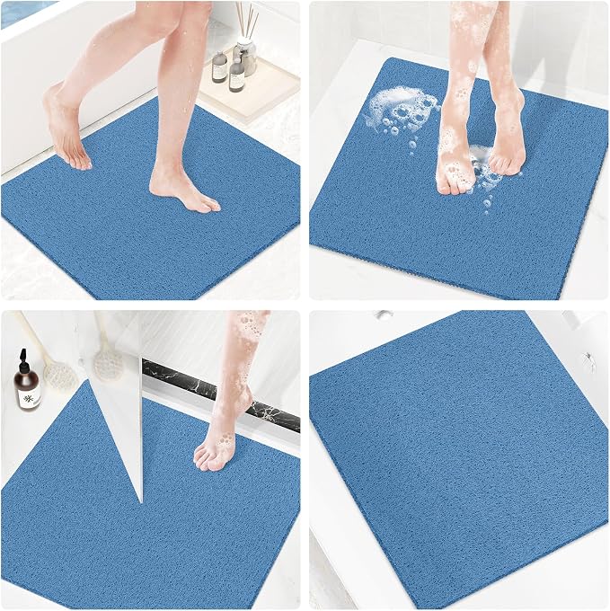 Shower Mat Bathtub Mat Non-Slip,24x24 inch, Soft Tub Mat with Drain,PVC Loofah Bath Mat (Phthalate Free) for Tub and Bathroom,Lake Blue