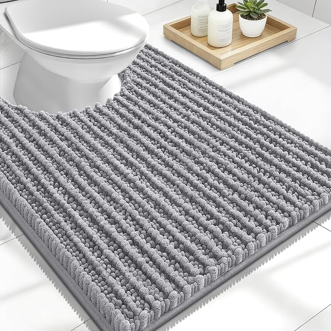 OLANLY U-Shaped Toilet Rug 24x20, Thick Soft Absorbent Chenille Contour Rug | Grey, Shaggy Bathroom Mat with Non-Slip Rubber Backing, Quick-Drying, Machine Washable for Toilet, Home Decor Accessories