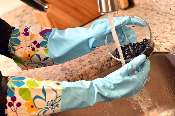 G & F Reusable Household Cleaning Gloves, Cotton-Lined Latex Rubber Dishwashing Gloves, Non-Slip Waterproof Kitchen & Bathroom Gloves for Washing Dishes, Scrubbing, Mopping & Household Chores