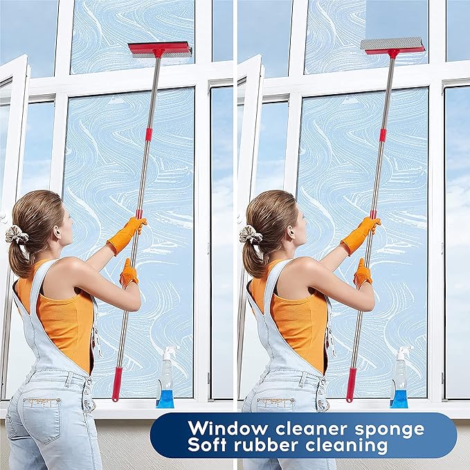 Window Squeegee, 2-in-1 Window Cleaner with 55" Extension Poles, Window Washing Kit, Glass Door Cleaner, Multi-Use Car Windshield Cleaning Tool with Long Handle for High Outdoor Windows