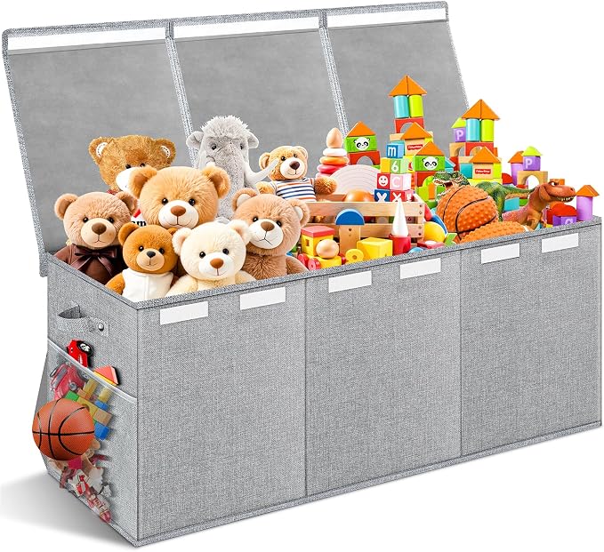 Extra Large Toy Box with Lids, Collapsible Storage Bin, 38"x16"x14",Gray | Sturdy Chest Basket with Dividers for Boys & Girls, Bedroom Nursery Playroom Organization