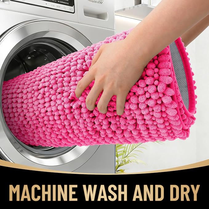 OLANLY Thick Chenille Small Bathroom Rugs Mats 24x16, Hot Pink | Soft Absorbent Bath Rugs, Rubber Backing, Machine Wash Dry, Bath Mats for Bathroom, Tub and Shower, Home Decor Accessories