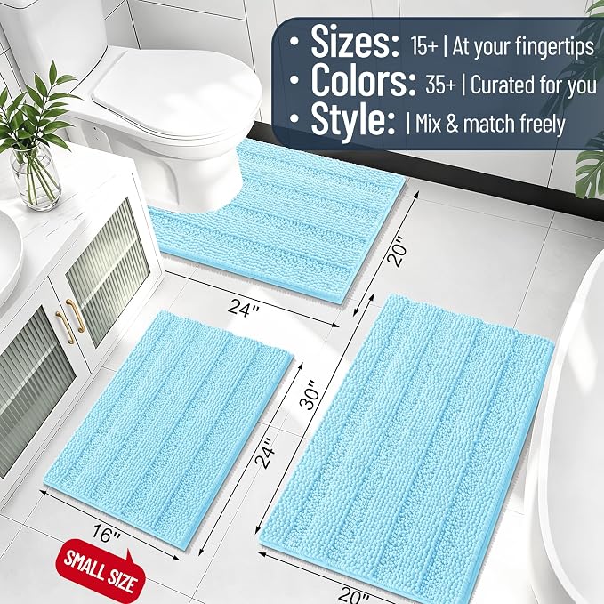 Smiry Thick Chenille Bathroom Rugs 30x20, Soft Absorbent Bath Mat, Sky Blue | Quick‑Dry & Machine Washable, Non‑Slip Bath Carpet, Striped Bath Rugs for Tub & Shower, Modern Home Decor Accessories