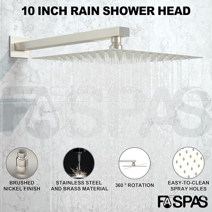 Shower System with 10-Inch Rain Head and Tub Spout | All-Metal Tub Shower Faucet Set, Wall Mounted Rain Showerhead, Handheld Spray, Includes Valve and Trim Kit, Brushed Nickel
