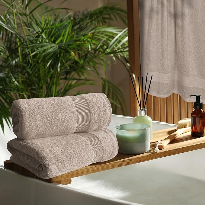 4 Pack Bath Towel Set 27x54, 100% Ring Spun Cotton, Ultra Soft Highly Absorbent Machine Washable Hotel Spa Quality Bath Towels for Bathroom, 4 Bath Towels - Tan