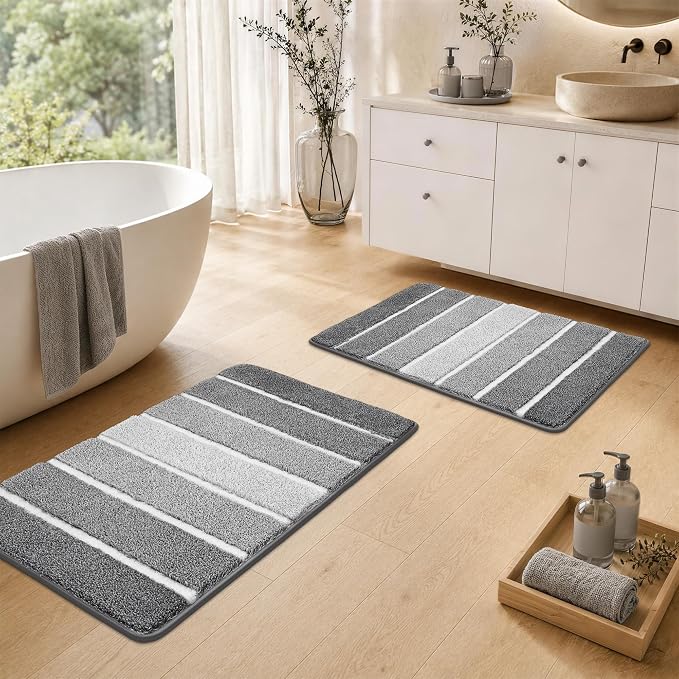 COSY HOMEER Toilet Rugs U-Shaped 24"x20", Ultra Soft Absorbent Bath Mat | Non-Slip TPR Backing, Machine Washable Shaggy Rug for Toilet,Grey & White