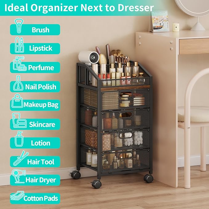HapiRm Rolling Makeup Organizer Cart- Under Desk Vanity Storage with 4 Drawers, Floor Nail Cart Skincare Organizers Cosmetics Display Cases for Nail Polish Perfume Makeup Brush Hair Tool, Black