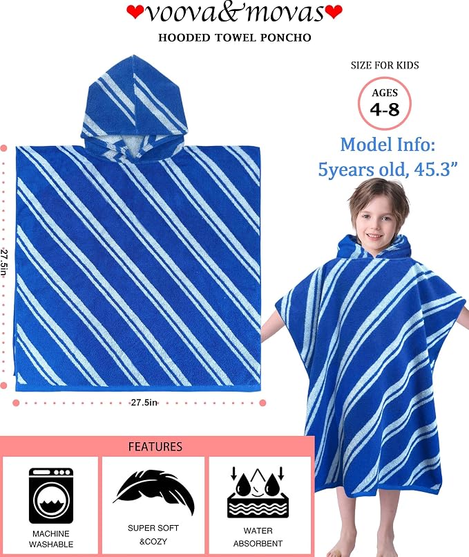 VOOVA & MOVAS Kids Hooded Poncho Towel, 4-8 Years, 100% Cotton,Blue Stripe | 27.5"x27.5" Size, Jacquard Stripe Craft, Soft, Absorbent & Quick Dry, for Bathroom, Pool, Beach and Swimming