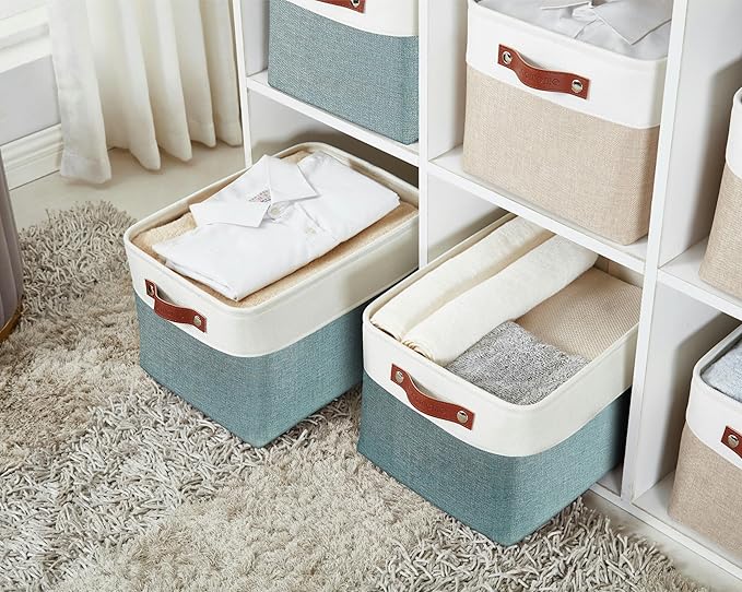 DECOMOMO Storage Bins, Extra Large Fabric Storage Baskets for Shelves 3Pack | 15.8 x 12.5 x 10 inches Decorative Linen Closet Organizers (Green & White)