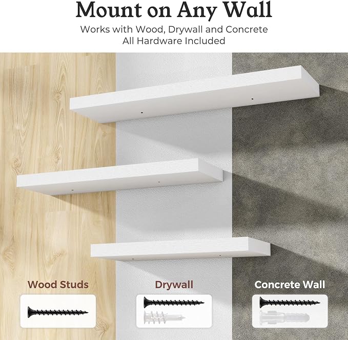 White Floating Shelves for Wall, 9.3" Deep Wall Mounted Wood Shelves for Bathroom, Bedroom, Living Room, Kitchen, Hanging Shelf for Books/Storage/Room Decor (White, 36")