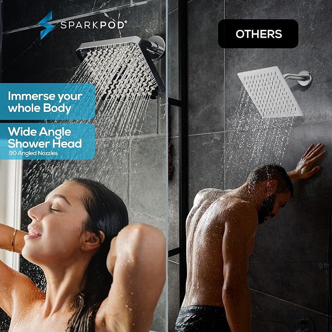 SparkPod Rain Shower Head, 8 Inch Square, Luxury Polished Chrome Finish | High Pressure Shower Heads, 90 Nozzles, Adjustable Showerhead, No Tools Needed, Universal Connection