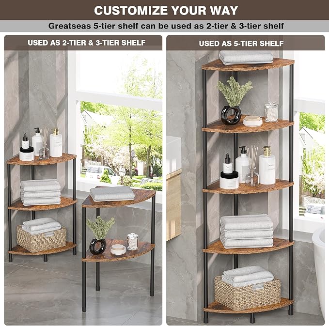 Corner Plant Stand Shelf, 5 Tier Tall Shelf Plant Stand for Indoor Plants, Rustic Brown Corner Bookshelf Wall Decor Living Room, 44.1" Display Shelf for Bedroom, Bathroom, Small Space