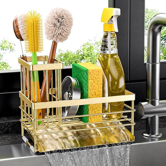 Cisily Gold Sink Caddy Sponge Holder for Kitchen with Brush Holder and Stainless Steel Self Drain Tray, Rustproof Kitchen Sink Organizer for Sponge, Soap Dispenser Storage Accessories