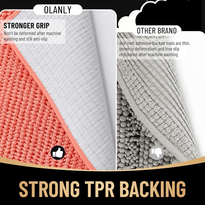 OLANLY Thick Chenille Bathroom Runner Rugs 59x24, Absorbent Bath Mat, Coral | Soft Bath Rugs, Rubber Backing, Machine Wash Dry, Bath Mats for Bathroom, Tub and Shower, Home Decor Accessories