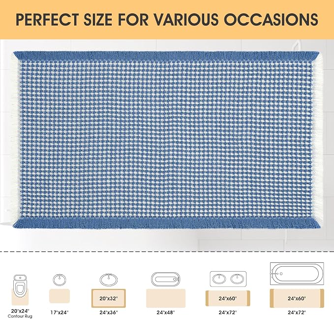 Waffle Bath Mat Blue & Cream 36"x24", Boho Woven Modern Bath Mat Rugs, Absorbent Non Slip Bathroom Rugs, Soft Washable Bath Rugs with Tassels for Bathroom, Bedroom, Kitchen, Shower, Tub