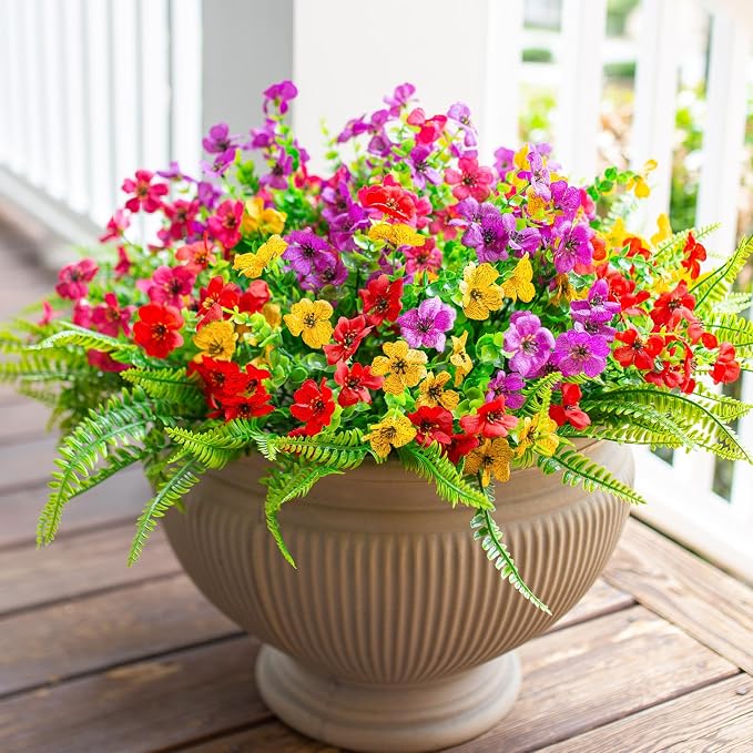 Artificial Faux Outdoor Flowers Plants for Summer Outside Decoration, 14 Bundles Fake Silk Colorful Daisy Ferns UV Resistant Realistic for Front Door Porch Planter Patio Yard