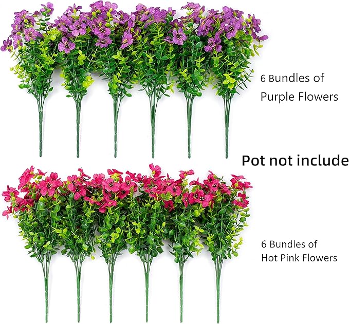 Artificial Flowers for Outdoor Indoor Garden Home Decoration, Faux Flower Daisy with Eucalyptus Leaves Fake Plants Greenery Boxwood Porch Patio, 12 Bundles (Purple Pink)