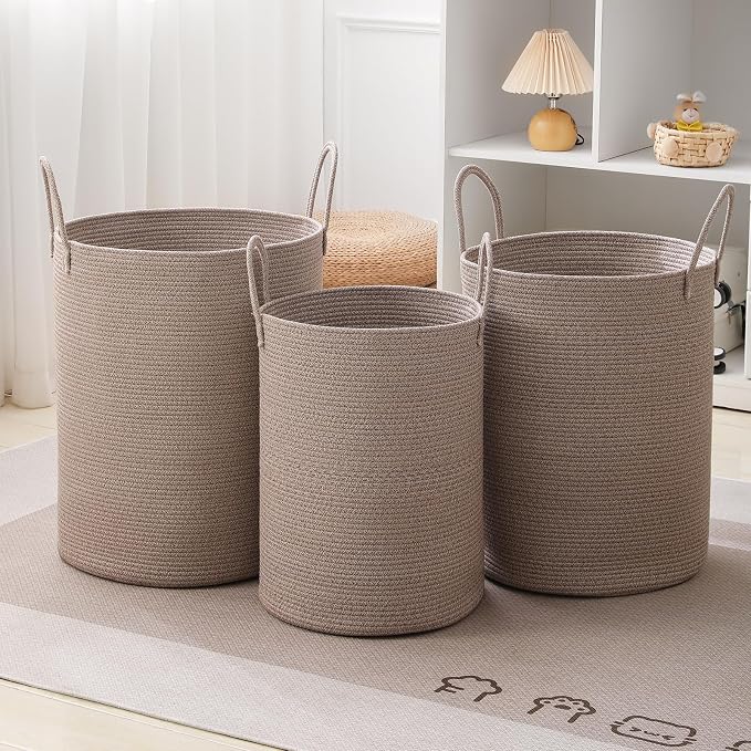 Laundry Basket Hamper Tall Rope Storage Woven for Blanket toys Dirty Clothes in Living Room Bathroom Bedroom (Tan, 80L/21.3Gal)